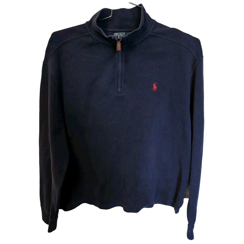Polo Ralph Lauren Sweater Mens Navy Blue 1/4 Zip Mock Neck Red Pony Cotton XL